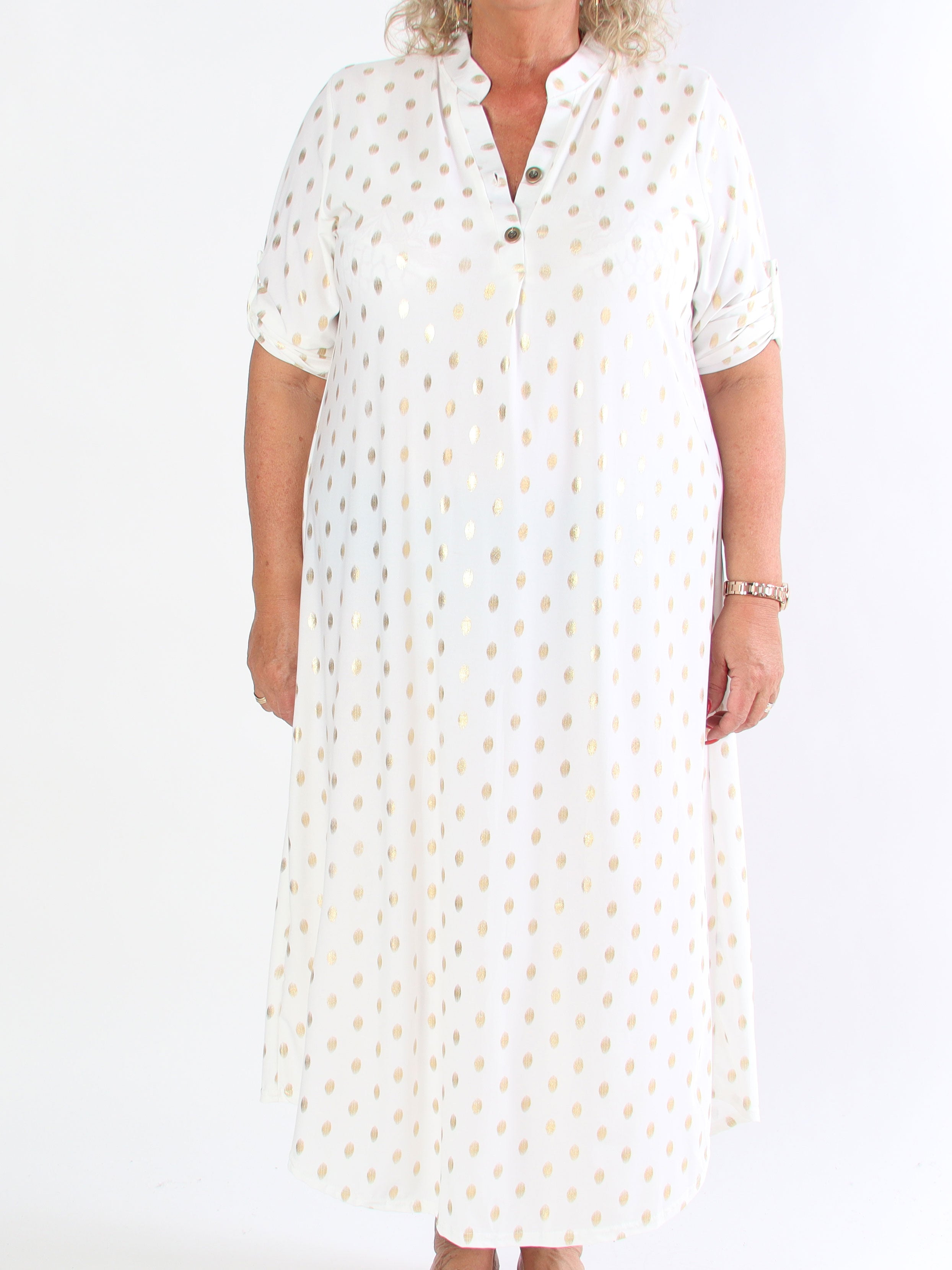 Ebba Gold Dress - Elastisk plus size lang kjole med guld prikker
